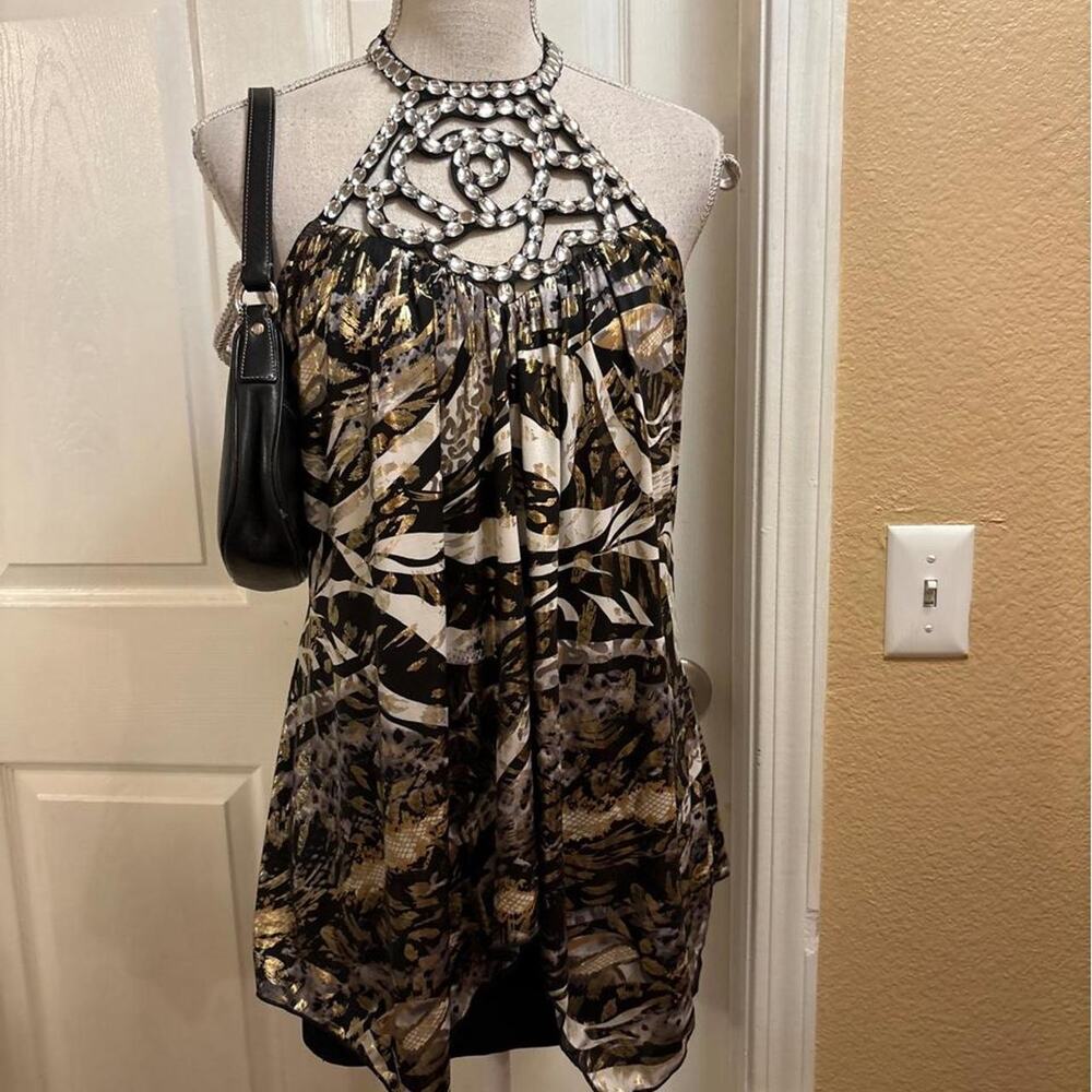 Venus black, white and gold print halter top with beaded neckline. Size medium.